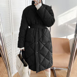 Fashionkova  Winter Korean Style Long Cotton-Padded Coat Women's Casual Stand-Up Collar Argyle Pattern Oversized Parka Chic Jacket
