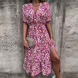 Fashionkova  2022 Floral Print Dress Women Summer Sexy Button V-Neck Split Long Dress Elegant Elastic Waist Short Sleeve Colorful Slim Dress