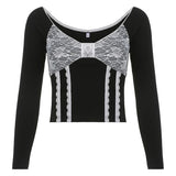 Fashionkova  Full Sleeve Big V Neck Bow Patched Pullovers Y2k  Women Lace Crop Tie Up Top Kawaii T Shirt Fairycore Tees