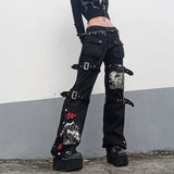 Fashionkova  Y2K Streetwear Punk Style Skull Print Black Buckle Gothic Dark Cargo Pants Harajuku High Waist Aesthetic Straight Denim Trousers