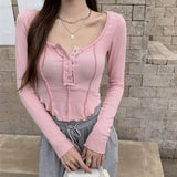 Fashionkova  Crop Tops T Shirt Women 2022 Spring New Korean Fashion Long Sleeve Tees Cotton Rivet Tshirt Slim Streetwear Thin Womens Clothing