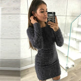 Fashionkova  Women Plush Bodycon Dress Round Neck Long Sleeve Gray Casual Autumn Winter Sheath Office Lady Solid Midi Dress Pullovers