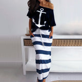 Fashionkova  Women Skirt Two Piece Sets Boat Anchor Off Shoulder Tops + Print Stripe Dress Summer Fashion Casual T-Shirt Beach Long Dress