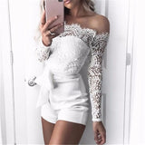 Fashionkova  Women Ladies Summer Autumn Off Shoulder Sexy Playsuits Fashion Long Sleeve Sheer Lace Patchwork Hollow Bandage Skinny Playsuits