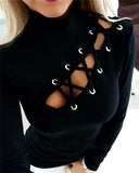 Fashionkova  Women Sexy Hollow Out Slim Fit Long Sleeve Casual Round Neck Shirt Solid Black Tops Blouse