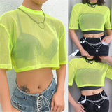 Fashionkova  Bright Green Fishnet Crop Top Summer Mesh See-Through Tank Top Women Fashion Femme Tops Cropped Loose Shirt Female Clubwear S-L