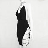 Fashionkova  Shine Diamonds Sexy Women Party Dress Deep V Neck Side Split Bodycon Mini Vestidos Backless Hollow Out Dress Short