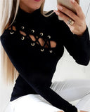 Fashionkova  Women Sexy Hollow Out Slim Fit Long Sleeve Casual Round Neck Shirt Solid Black Tops Blouse
