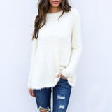 Fashionkova  Women Knitted Tops Sweaters White Round Neck Long Sleeves Solid Pullover Tunic Loose Wool Knitwear Sweaters Tee Shirts