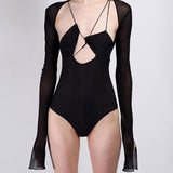 Fashionkova   Mesh See Through Patchwork Bodysuits Party Clubwear 2022 Long Sleeve Black Hollow Out Low Cut Jumpsuits Romper Summer