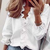Fashionkova   2022 Spring Elegant Chiffon Women Blouses Ruffles V Neck Long Sleeve Loose Female Tunic White Shirt Womens Tops Blusa