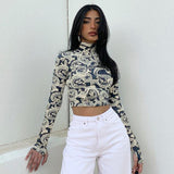 Fashionkova  Spring Autumn Women's Dragon Printed Crop Tops Long Sleeve High Collar Short Slim T-Shirt