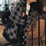 Fashionkova  Korean Style Lazy Wind Knitted Cardigan Sweater Women Autumn Winter Oversize Plaid Jumper Black Long Sleeve Jacket Coat