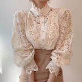 Fashionkova  Elegant Embroidery Petal Sleeve Hollow Out Women Lace Blouse Flower Lace Patchwork Stand Collar Shirt Femme Autumn Blusas Tunic