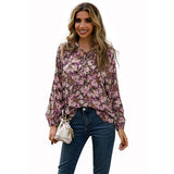 Fashionkova  Women V Neck Lace Up Floral Print Blouses Blue Long Sleeves Casual Tops 2022 Spring Summer Flower Lady Bohemian Blouses