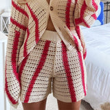 Fashionkova  2022 Autumn Knitted Long Sleeve Cardigan Women Red Stripe Loose V Neck Oversized Sweater Tops Fashion Casual Pullover