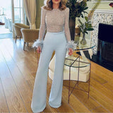 Fashionkova  Elegant Bodycon Jumpsuit Women Slim Fit Straight Sequins Feather Stitching Long Sleeves Spring Romber Lady Party Sexy Playsuit