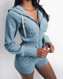 Fashionkova  Fall Long Sleeve V-Neck Front Zip Up Playsuit Rompers Jumpsuit 2022 Fashion Women High Waist Elastic Hooded Jumpsuit