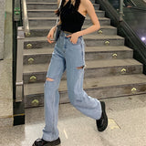 Fashionkova  High Waist Women Ripped Jeans Streetwear Korean Fashion Wide Leg Pants Casual Baggy 2022 Summer Straight Ladies Denim Trouser