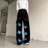 Fashionkova  High Waist Women Jeans Vintage Streetwear Letters Black Straight Baggy Denim Trouser Fashion Casual Autumn Ladies Wide Leg Pants