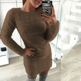 Fashionkova  Women Plush Bodycon Dress Round Neck Long Sleeve Gray Casual Autumn Winter Sheath Office Lady Solid Midi Dress Pullovers