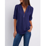Fashionkova  Sexy V Neck Women Chiffon Blouses Solid Zipper Up Long Sleeves Cuffed Casual Loose Office Ladies Plus Size Tops Blouses