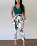 Fashionkova  Summer Solid Color Ruched Women Top + Floral Print Pants Set With Belt 2024 Femme Casual Outfits Women 2 Pieces Overalls