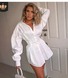 Fashionkova   Ins French Stylish Slim Blouse Ladies Women Clothes Deep V Long Puff Sleeve Shirtdress Sexy Shirt Autumn Casual Black White