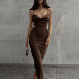 Fashionkova  2022 Elegant Midi Women's Dress Sexy Spaghetti Strap Satin Long Dress Solid Sleeveless Blackless Maxi Dresses Party Club