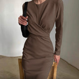 Fashionkova Casual O-Neck Folds Slit Bodycon Dress Autumn Long Sleeve High Waist Elegant Party Midi Dresses For Women