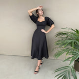 Fashionkova Churses Sexy Slash Neck Backless Midi Dress Autumn Elegant Puff Half Sleeve A-Line Long Party Dresses For Women 2022