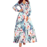 Fashionkova  Women Floral Print Long Dress V Neck Long Sleeves A Line Swing Lace Up Casual Loose Bohemian Autumn Winter Maxi Dresses