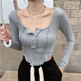 Fashionkova  Crop Tops T Shirt Women 2022 Spring New Korean Fashion Long Sleeve Tees Cotton Rivet Tshirt Slim Streetwear Thin Womens Clothing