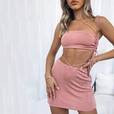 Fashionkova  Bodycon Drawstring Ruched Sexy Bandage Dress Sets Fashion Women Outfits Summer Club Party Lace Up Top And Skirts Matching Set