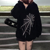 Fashionkova   Rhinestone Skeleton Sweatshirts Women Y2K Grunge Gothic Tops Hooded Jacket Vintage Harajuku Long Sleeve Zip Up Streetwear Hoodie