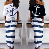 Fashionkova  Women Skirt Two Piece Sets Boat Anchor Off Shoulder Tops + Print Stripe Dress Summer Fashion Casual T-Shirt Beach Long Dress