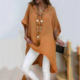 Fashionkova  Oversized  Fashion Solid Long Blouse Shirt Loose V-Neck Tops Summer Casual Ladies Tops Female Women Short Sleeve Blusas Pullover