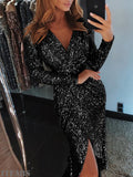 Fashionkova  Fashion Sexy Women V Neck Glitter Sequin Evening Club Dress Bodycon Elegant Ladies Dress Long Sleeve Party Maxi Slim Dress