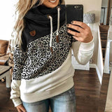 Fashionkova  Turtleneck Leopard Patchwork Hoodies Women Fashion Long Sleeve Drawstring Hooded Tops Autumn Winter Pocket Pullovers Sweatshirts