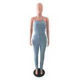 Fashionkova  Plus Size Sexy Back Lace Up Bandage Hollow Out Jumpsuit Women Off Shoulder Denim Long Jumpsuit Sleveless Summer Jeans Overalls