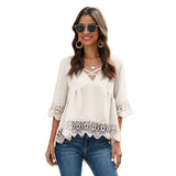 Fashionkova  Summer Chiffon Blouses Tops Cross V Neck Half Sleeves Women Casual Lace Hollow Splice Tunic Pullover Solid Blouse