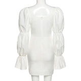 Fashionkova 2022 White High Waist Dress Female Bubble Sleeve Square Neck Dress Long Sleeve Casual Y2k Dress Fashion Slim Mini Dress Romance Club