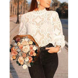Fashionkova  Women Lace Blouse Elegant Formal Embroidery Long Sleeve White Shirts Office Lady Flower Hollow Fashion Female Chemise Clothing
