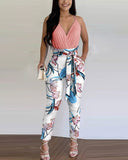 Fashionkova  Summer Solid Color Ruched Women Top + Floral Print Pants Set With Belt 2024 Femme Casual Outfits Women 2 Pieces Overalls