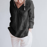 Fashionkova 100% Linen V-Neck Long-Sleeve Shirt Autumn Women Basic Style Literary Simple T-Shirt Casual Loose Bottoming Shirts