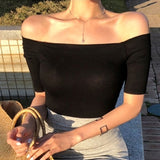 Fashionkova  Sexy Off Shoulder Crop Top Women T Shirt Cotton T-Shirt Korean Style Slash Neck Skinny Summer New Short Sleeve Tee Shirt Clothes