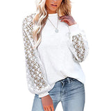 Fashionkova  Women Solid Lace Blouses Casual Tshirts O Neck Long Sleeves Hollow Office Lady Cotton Tee White Pullover Tunic Blouse