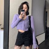 Fashionkova  Cardigans Women Solid Long Sleeve V-Neck Crop Tops Summer Thin Slim Sun-Proof Outwear Female Sexy Korean Style Knitted Chic Soft