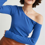 Fashionkova   Sexy Skew Collar Tops Women Long Sleeve Bodaycon Tees Skinny 2023 New Fashion French Elegance