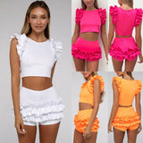 Fashionkova  Summer Cute Women Girls Lace Ruffles Two Piece Bikini Swimsuit Fly Sleeve Padded Tops + Ruffles High Waist Shorts